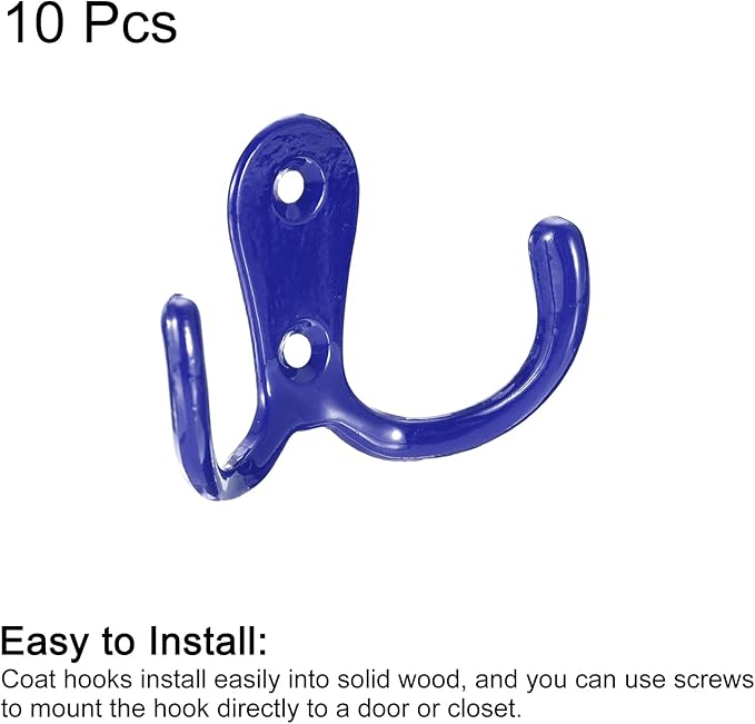 uxcell Wall Hooks, 10Pcs - Zinc Alloy Double Prong Retro Hook, Hooks for Hanging Towel Coat Backpack Clothes Scarf Keys Hat Cup (Blue)