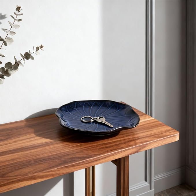 Blue Lotus Leaf-Shape Ceramic Decorative Tray, Navy Blue Decor Pottery Key Bowl, Candy Dish, Small Jewelry Trinket Tray for Bedroom, Centerpiece, Bedside Table, Living Room, Entryway Table (Blue)