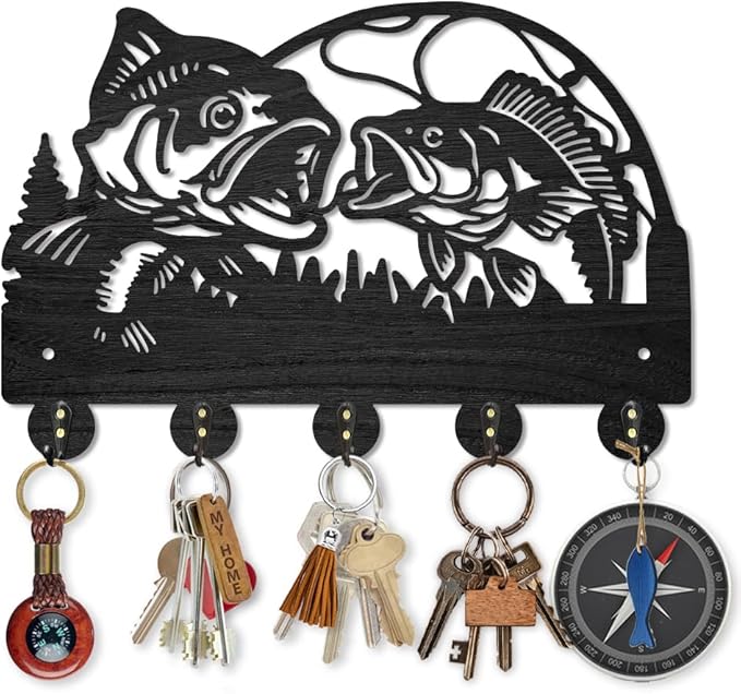 MAYJOYDIY Wooden Fish Coat Hooks Wall Mount Fishing Rod Lake Key Holder 11.8×7.9inch Summer Gone Fishing Tree Key Hook Rack with 5 Alloy Hooks for Gift Hallway Entryway Kitchen Wall Art Decor
