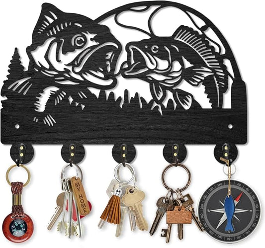 MAYJOYDIY Wooden Fish Coat Hooks Wall Mount Fishing Rod Lake Key Holder 11.8×7.9inch Summer Gone Fishing Tree Key Hook Rack with 5 Alloy Hooks for Gift Hallway Entryway Kitchen Wall Art Decor