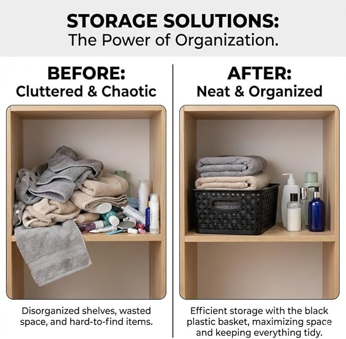 8 Pack Black Storage Baskets, Plastic Woven Organizer Baskets, Stackable Shelf Baskets for Closet, Pantry, Bathroom & Laundry Room
