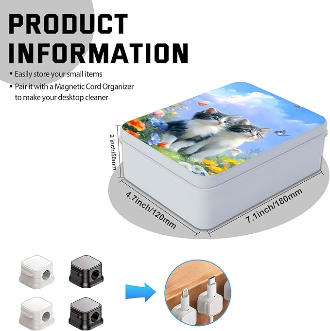 Metal Tin Box with Lid,Multi-functional Storage Large Box Can Store Tea Biscuits Game Cards, Playing & Tarot Cards-Comes with 4 Magnetic Cord Clips,Kittens with Butterflies