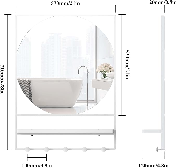 WONSTART 21" X 28" Wall Mirror with Shelf and Hooks,Entryway Mirror with Hooks, Metal Framed Bathroom Mirror with Shelf for Bathroom, Bedroom, Living Room (White, 21 x 28)