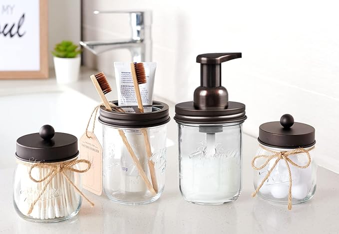 SheeChung Mason Jar Foaming Soap Dispenser, Glass Foaming Hand Soap Dispensers, Stainless Steel Lid, Refillable Foam Soap Dispenser for Bathroom Kitchen, Farmhouse Bathroom Decor (1 Pack, Bronze)