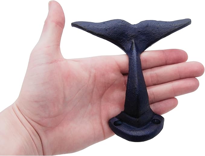 Wowser Navy Blue Whale Tail Cast Iron Wall Hooks, Wall Mounted for Hanging Clothes & Accessories, Nautical Home & Office Decor, Set of 3, 4.75 Inches High