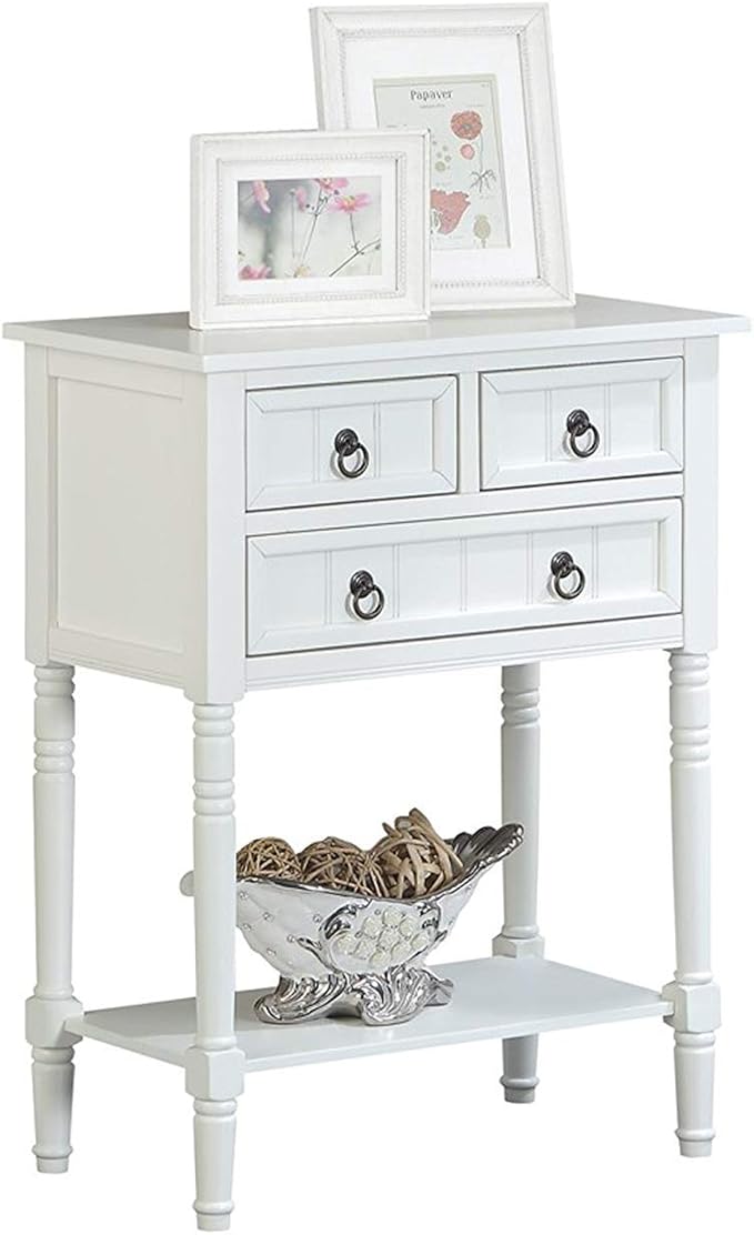 Convenience Concepts Kendra Entryway Hall Table 23.75" - 3 Storage Drawers, Traditional Console with Shelf for Decor, Office & Hallway Organizer, No Tools Assembly, Solid Wood Legs, White