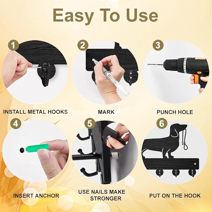 MAYJOYDIY Cat Moon Flower Coat Rack Wall Mounted Wood Animal Moon Star Key Hanger Wall Art Decor 11.8×7.9inch 5 Alloy Hooks Black Key Rack Organizer for Gift Entryway Hallway Kitchen Room