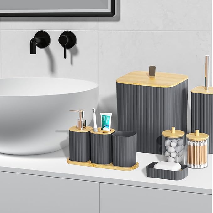 Bathroom Set - 22PCS Grey Bathroom Accessories Set Trash Can Toilet Brush Holder Set Soap Dispenser Bathroom Accessory Set with Shower Curtain Bathroom Decor Set for Home, Restroom