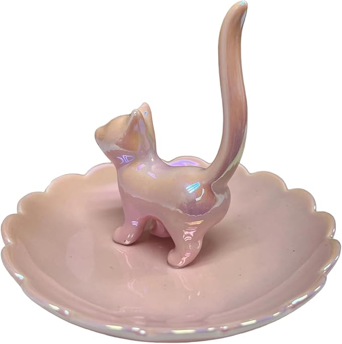 ROSA&ROSE Cat Ring Holder Trinket Tray Ceramic Jewelry Dish Decorative Ring Holder/Trinket Tray Engagement Wedding Birthday Gifts for Women Her(Pink)