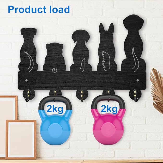 MAYJOYDIY Dog Coat Rack Wall Mount 11.87.9inch 5 Style Key Holder for Wall Decorative Wood Black Key Rack Hanger Organizer 5 Alloy Hooks for Leash Wall Art Decor Dog Lover Gift