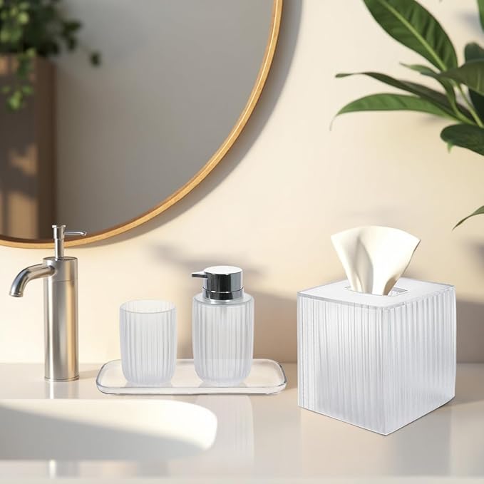 Decozen Bathroom Accessories - 4Pcs Bath Accessories for Home Decor Soap Dispenser, Lotion Dispenser, Tissue Box & Tray for Bath Decor Countertop Organizer - Christmas Decorations, Housewarming Gift