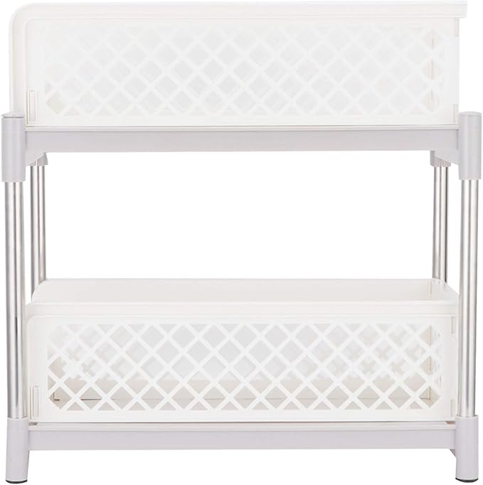 2 - Layer Bathroom Sliding Basket Storage Cabinet Organizer, White Bathroom Shelf with Pull Out Drawers, Space Saving Storage Rack for Kitchen Bathroom Office, Sturdy PP ABS Materi