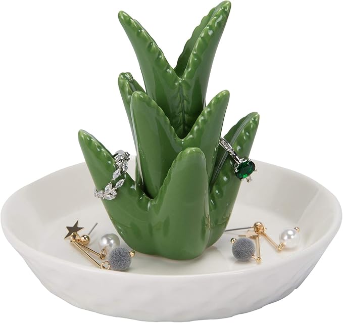 HOME SMILE Ceramic Aloe Ring Holder with Derorative White Dish Dish for Jewelry,Christmas Birthday Gifts