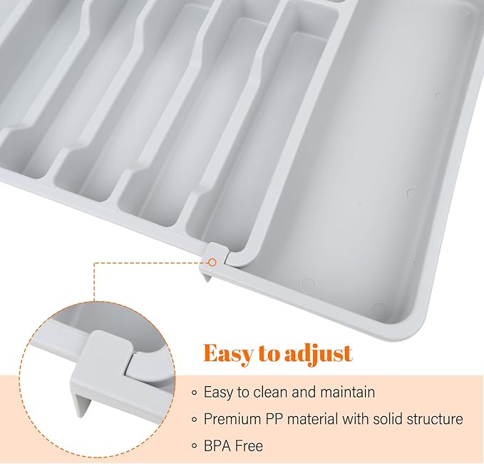 S&F Homes Expandable Cutlery drawer organizer, utensil drawer organizer, flatware and silverware holder, organization and storage tray for kitchen decor, BPA-Free. (Gray)