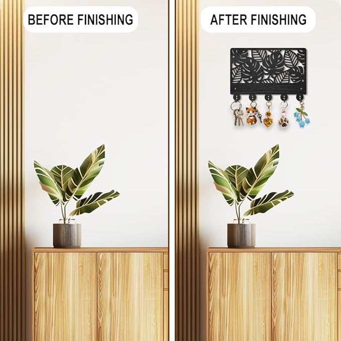 MAYJOYDIY Monstera Background Key Holder for Wall Tropical Leaves Wood Key Hooks 11.8×7.9inch Key Hanger Rack with 5 Alloy Hooks for Entryway Front Door Kitchen Office Decoration