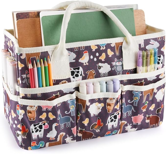 E-WEICHEN Craft Organizer Tote Bag Art Storage Caddy with Multiple Pockets Containers for Art,Craft,and Office Supplies Storage.Purple animals