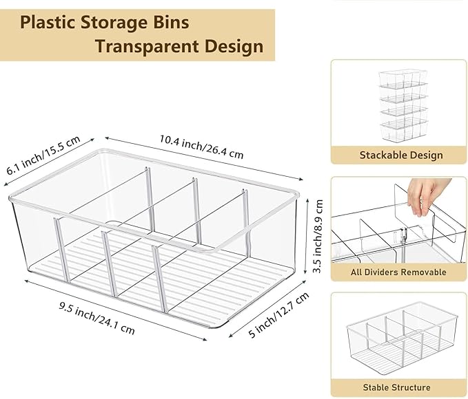 6 Pcs Clear Pantry Organizers and Storage,Plastic Storage Bins for Fridge with Removable Dividers, Kitchen Cabinet Organizers Ideal for Kitchen, Pantry, Refrigerator, Freezer, and Snack Storage