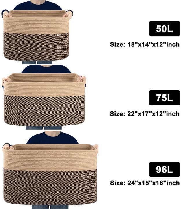 Extra Large Blanket Basket, Toy Basket Bin for Kids, Cotton Rope Woven Storage Basket for Living Room, Nursery, Baby Room Decorative Organizer, 24''×16''×15'', Brown & Black