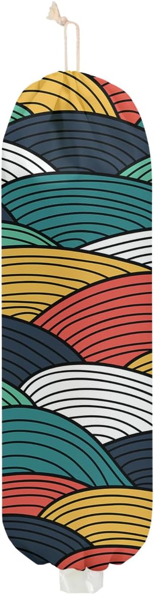 Geometric Waves Plastic Bag Holder, Wall Mount Plastic Bag Holders for Grocery Bags, Abstract Art Washable Grocery Bags Storage Dispenser for Home Kitchen Pantry Decor, Colorful Gifts for Women Mom