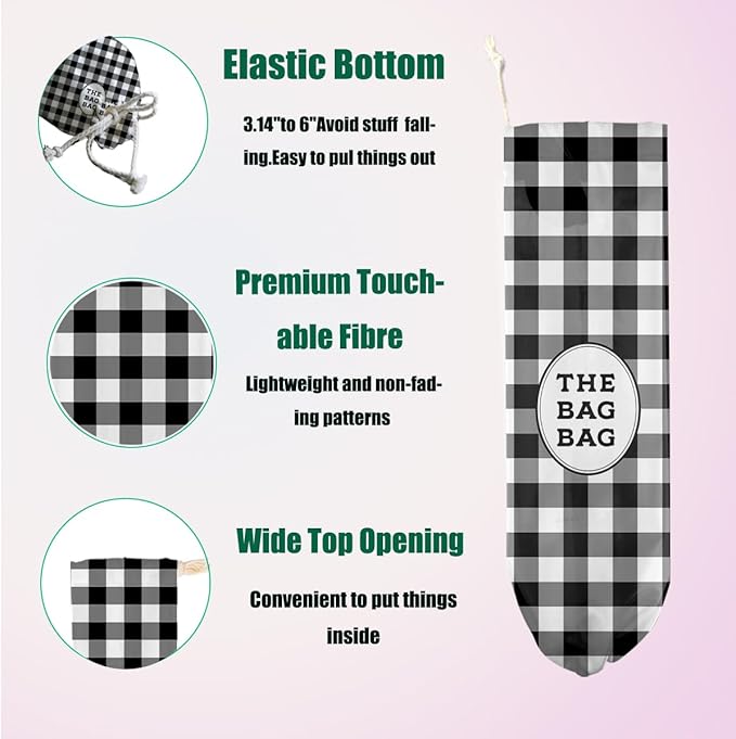 2 Pcs Black and White Checkered Plastic Bag Holder, Beige Grid Grocery Bag Holder for Plastic Bags, Reusable Grocery Bags Storage Dispenser for Home Kitchen Pantry Decor, Minimalist Gifts for Women