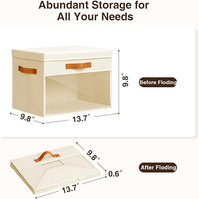 Large Storage Bins with Lids - 6 Pack Foldable Decorative Organizers with Clear Windows & Handles, Cube Storage Organizers for Clothes, Blankets, Sweaters, Sheets, Beige