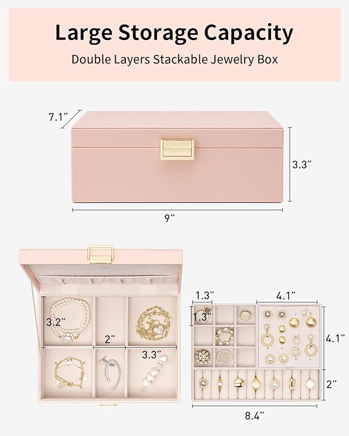 Vlando 2 Layer Jewelry Box Large Jewelry Organizer for Women Removable Jewelery Tray for Necklace Earrings Rings Bracelets Jewelry Boxes Gifts for Women (Pink)