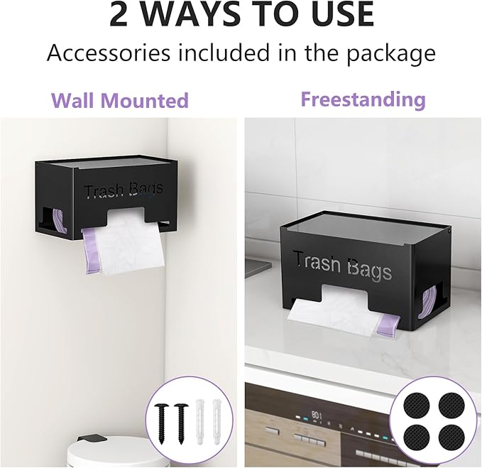 Extra Large Trash Bag Holder Dispenser, Metal Garbage Bag Dispenser Roll Holder,Trash Storage Organizer for Kitchen Laundry Room Under Sink, Wall Mounted or Freestanding, Black