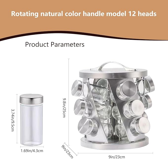 TINMIX Portable Stainless Steel Spice Rack with 12 Spice Jars Included Revolving Spice Organizer for Kitchen Tower Storage Rack for Spices and Seasoning Silver