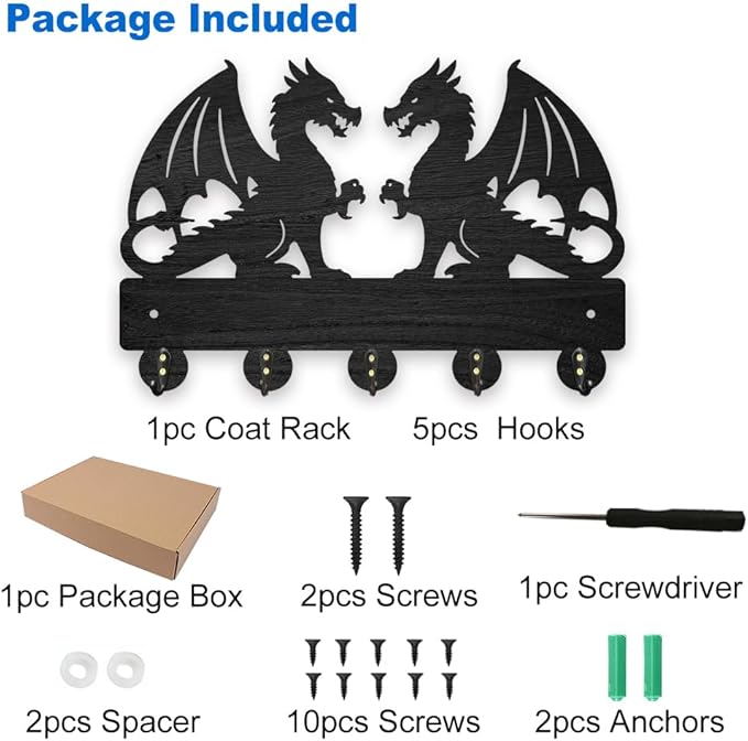 MAYJOYDIY Dragon Coat Rack Wall Mount Wood Double Dragon Animal Key Holder for Wall 11.8×7.9inch Decorative Wall Hooks 5 Alloy Hooks Black Wall Hanger for Gifts Entryway Hallway Room Decor