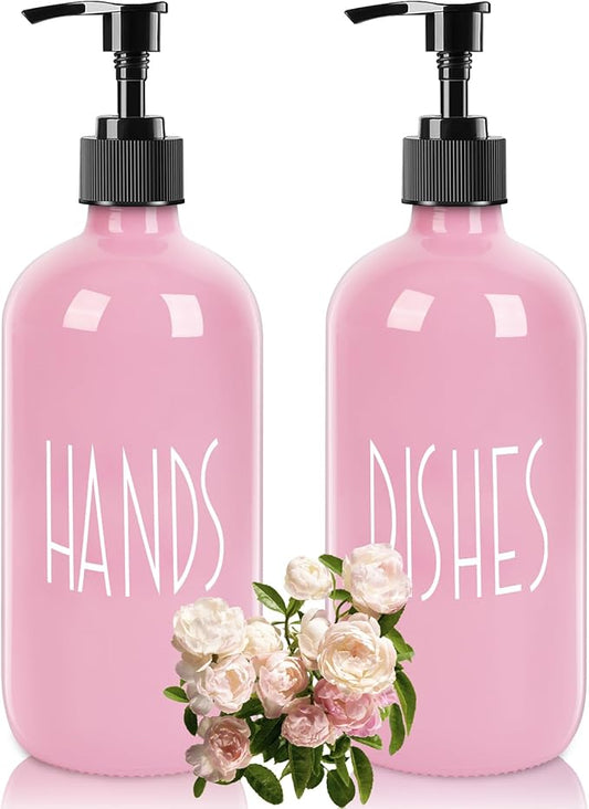 Glass Soap Dispenser with Plastic Pump for Kitchen - 16 OZ Glass Hand Soap Dispenser Set - Kitchen, Bathroom for Decor and Accessories (Pink)
