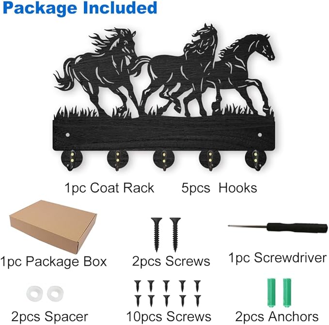 MAYJOYDIY Horse Coat Hooks Wall Mounted 11.8×7.9inch Running Horse Key Holder for Wall Wood Key Rack Hanger with 5 Alloy Hooks for Wall Art Decor Entryway Front Door Gift