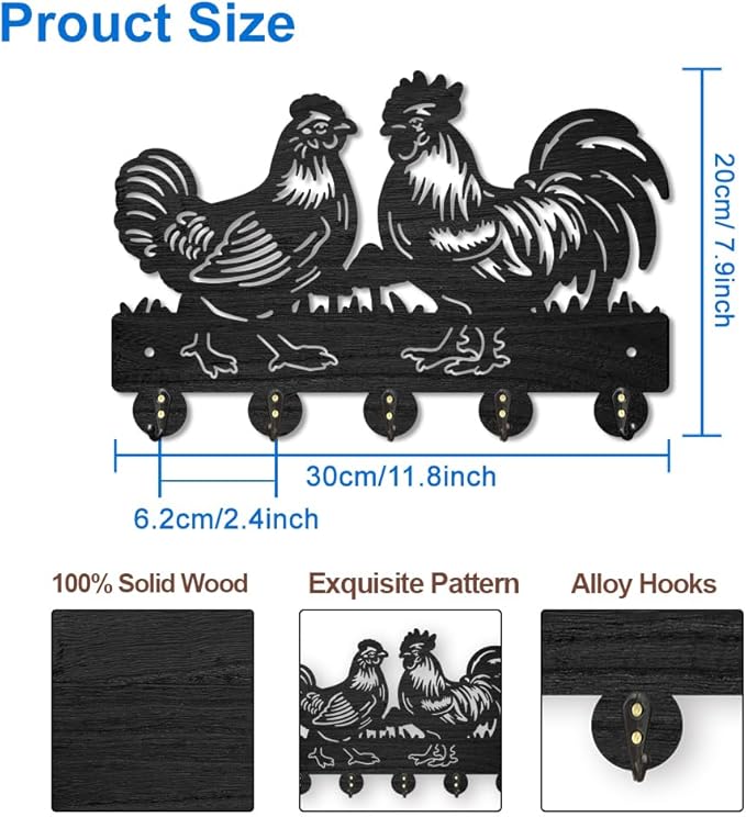 MAYJOYDIY Rooster Hen Coat Hooks Wall Mount Wood Farmhouse Animal Mushroom Key Holder for Wall 11.8×7.9inch Decorative Key Rack 5 Alloy Hooks for Gift Hallway Entryway Kitchen Farm Decor