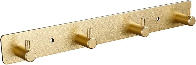 Gold 4 Wall Hooks, Brushed Gold Bathroom Hook Rail, Self Adhesive Key Hook Rack Hanger Towel Robe Stick Hooks for Toilet Entryway Hallway Kitchen Wall Mounted