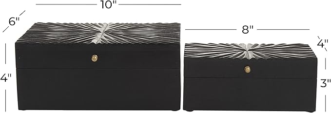 CosmoLiving by Cosmopolitan Wood Geometric Decorative Box Decorative Keepsake Boxes with Hinged Lid, Set of 2 Storage Boxes 10", 8"W, Black