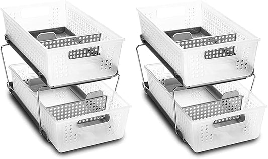 madesmart 2 Tier Bath Organizer,Undersink Storage with Sliding Drawers,for Cleaning Supplies,Pantry,Sponges,Bottles&Kitchen Essentials,Adjustable Dividers&Pull Out Sliding Baskets,Frost,(Pack of 2)