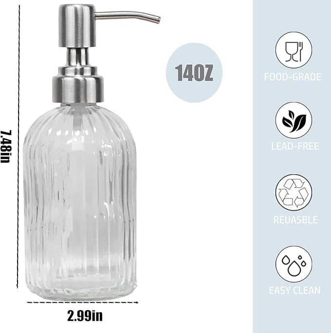 14Oz Clear Soap Dispenser Bathroom - 2 Pack, Clear Glass Hand Soap Dispensers with Stainless Steel Pump, Refillable Dish Soap Dispenser for Kitchen, Countertop Soap Dispensers