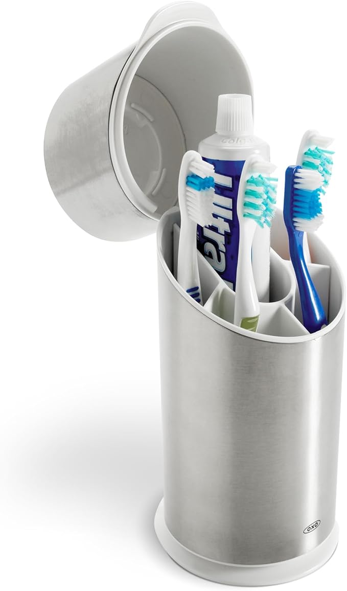 OXO Good Grips Stainless Steel Toothbrush Organizer, Bathroom Organizer and Storage, Toothbrush Holder for Countertop, Sleek Modern Bathroom Accessories