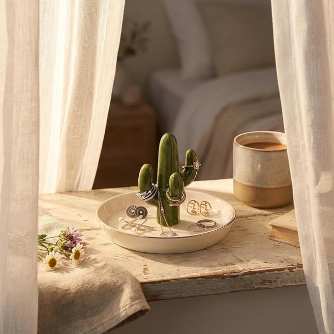 Cactus Jewelry Holder and Ring Dish - Ceramic Succulent Decor for Kitchen Sink or Vanity - Cute Engagement, Birthday, or Motherâs Day Gifts for Women, Gold-Rimmed Trinket Tray