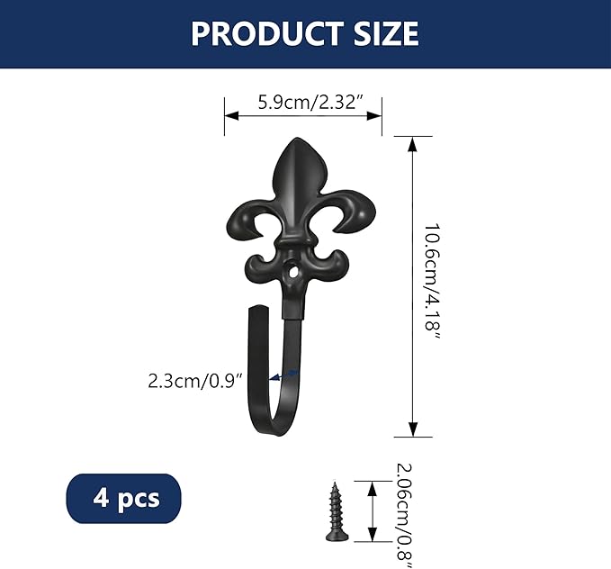 Wall Hooks, 4 Pack Decorative French Fleur De Lis Metal Hooks for Coat, Towel, Curtain Tie Back, Robe, Bag, Heavy Duty Gold Bronze Finish for Bathroom, Bedroom, Entryway(Black)