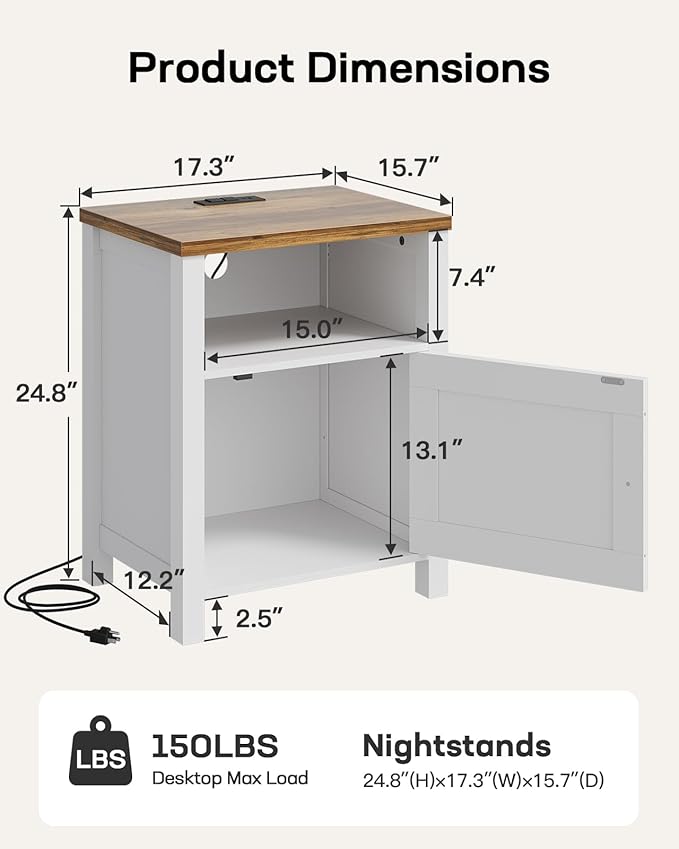 Marsail Farmhouse Nightstand with Charging Station, Wood Bedside Table with USB Port & AC Outlet, Open Shelf and Enclosed Cabinet, Side Table with Storage for Bedroom, Brown and White