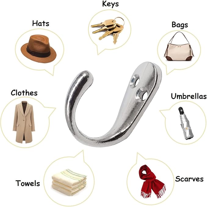 Coat Hooks for Door Wall, 6 Pack Chrome Entrance Hooks Heavy Duty Single Vintage Utility Hook for Hanging Clothes Jackets Robes Towels Hats Keys Bags Cups, Silver