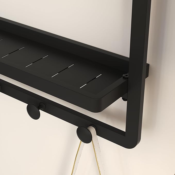 WONSTART Modern Black Square Wall Mirror with Shelf and Hooks, 21.7 x 29.3 Inch Large Bathroom Mirror with 10° Adjustable Tilt for Entryway, Living Room, Hallway, Bedroom