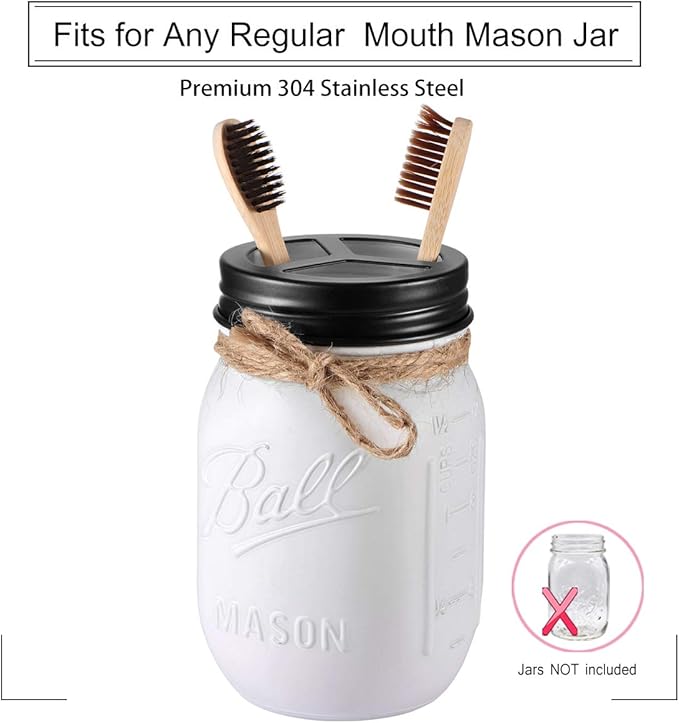 Mason Jar Bathroom Accessories Lids Set(4pcs) - Jars Not Included - Soap Dispenser,Toothbrush Holder, Apothecary Jars Lids for Regular Mouth Mason Jars - Rustproof Stainless Steel，Black