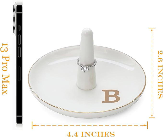 HOME SMILE Initials Ring Holder Jewery Tray with personalized B-Monogrammed Engagement Gifts for Friends,Birthday Mother's Day Christmas Gifts for Women,Ceramic White