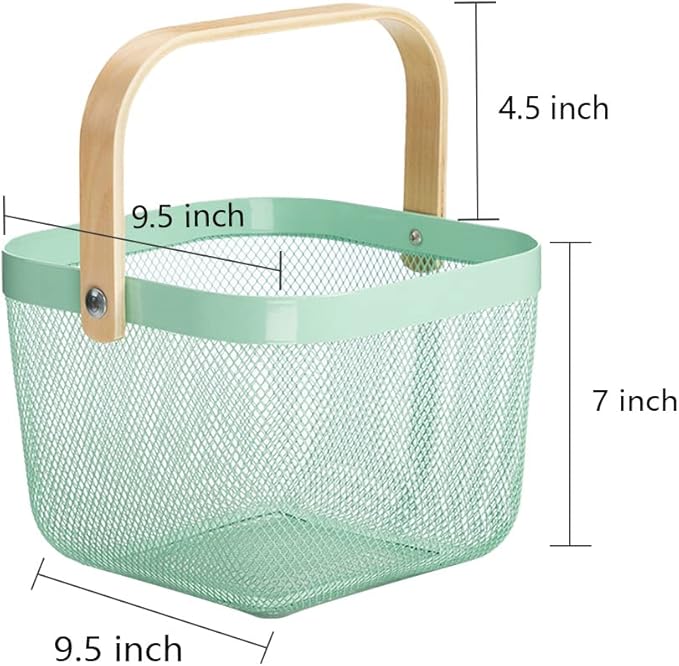 Mesh Steel Storage Organizer Basket Fruit Basket Bin with Wood Handle Ideal for Kitchen Bathroom Picnic Baskets Pantry Cabinets Storage Home Decor (Nebula Green)