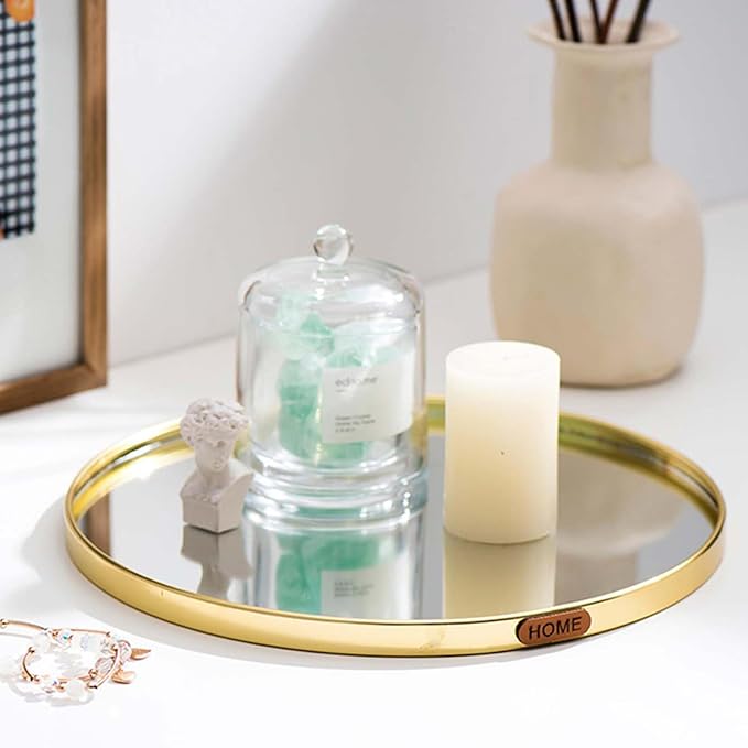 Perfum Trays,Gold Mirror Tray,Vanity Decorative Tray,Non Slip Hexagonal Perfume Organizer for Jewelry,Bathroom,Coffee Table (Round)