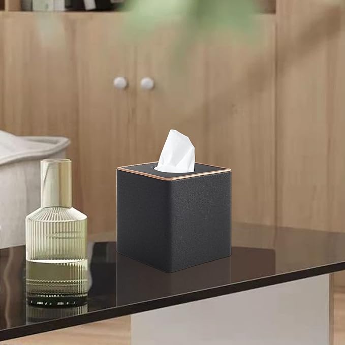 Linen Square Tissue Box Cover,Cube Tissue Box Holderï¼Excellent Rosegold Leather Decoration,Table Napkin Case Dispenser,Facial Tissues Organizer with Magnetic Bottom for Home Office Car(Black)