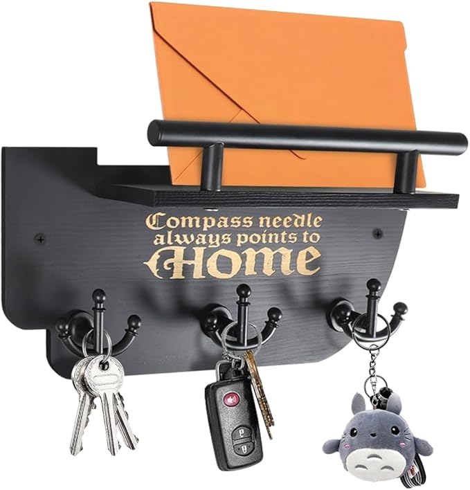 Picowe Wall Mounted Mail and Key Holder, Wooden Black Ship Style with 3 Anchor Hooks for Entryway, Farmhouse Wall Organizer for Mail & Keys