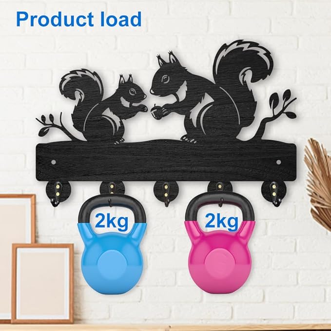 MAYJOYDIY Squirrel Coat Rack Wall Mount 11.8×7.4inch Wood Animal Key Holder for Wall Forest Animal Tree Branch Key Hanger 5 Alloy Hooks Key Hooks Rack Art Decor Gift for Farmhouse Entryway Hallway