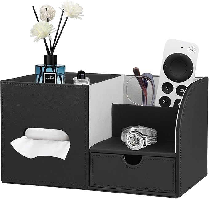 PU Leather Square Tissue Box Cover with Tray and Organizer,Multi-Function Remote Control Tissue Holder for Vanity, Nightstand,Bathroom,Home and Office